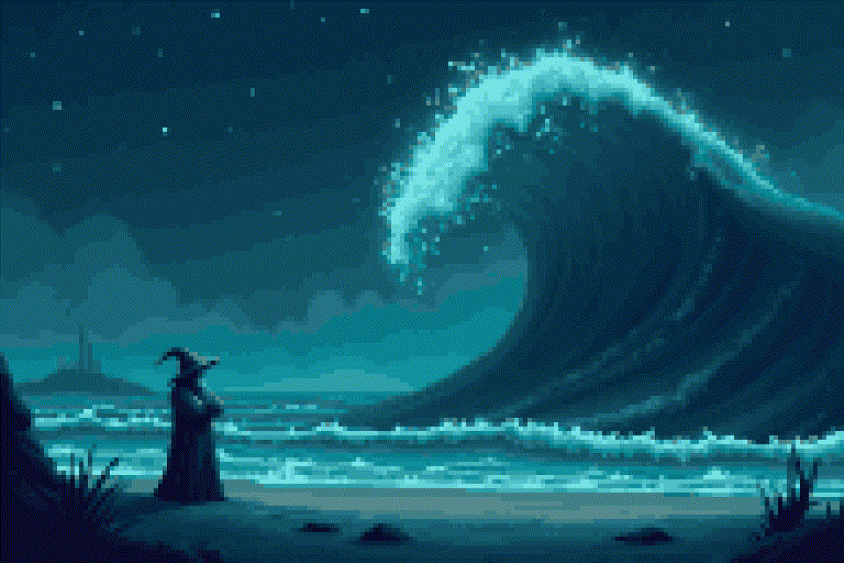 ilustración pixel art del mnemo: un mago espera un tsunami